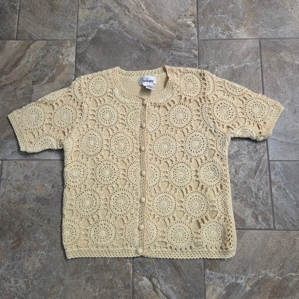 Vintage Worthington Yellow Crochet Short Sleeve Cardigan Sweater L Cottagecore